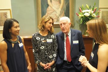 JCH Rhodes Scholars Jenny Tran, Lauren Rickards and Bec Duke talk with College Visitor and Nobel Laureate Peter Doherty at our Literature Dinner